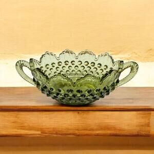Vintage Fenton Colonial Green Hobnail Oblong Glass Bowl Scalloped w/Handles 7in